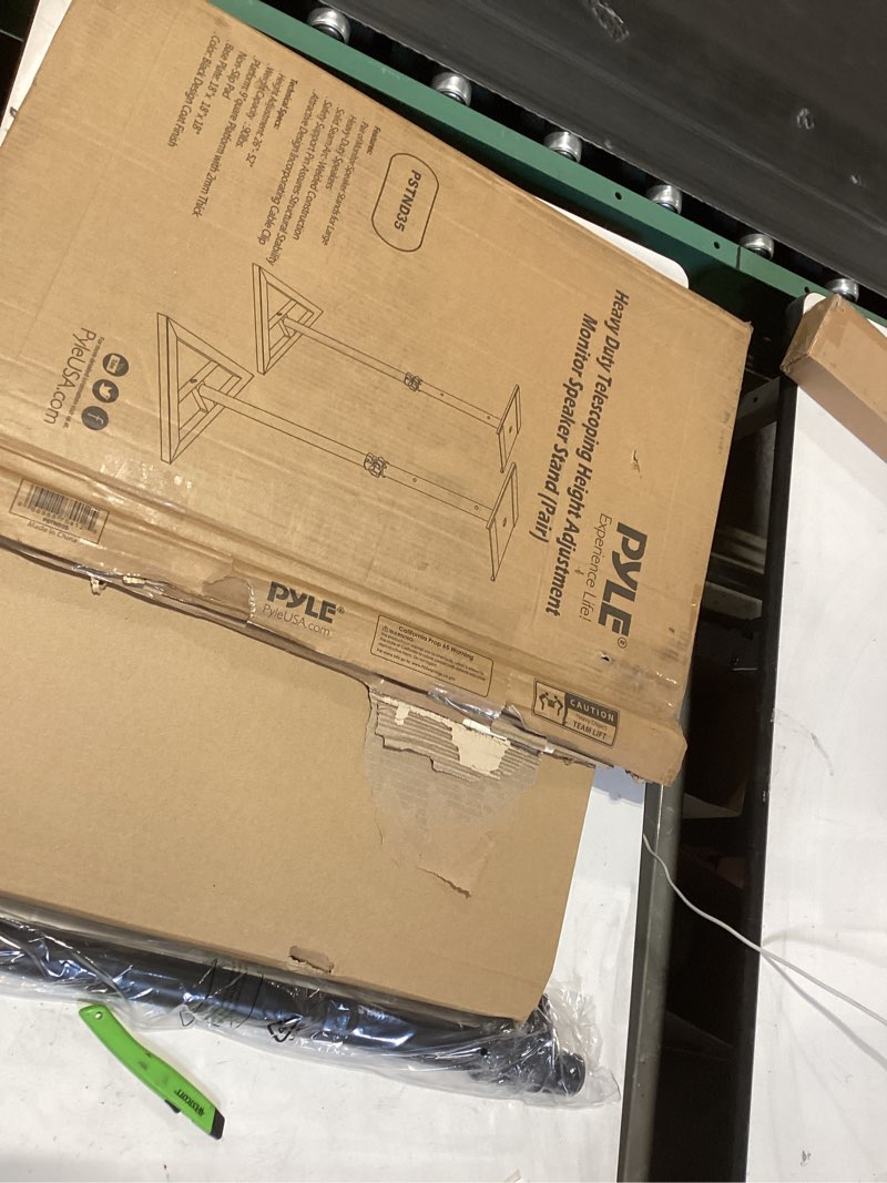 Condition photo showing Good Condition for pyle speaker stand pair of sound play 1 and 3 holder - telescoping height adjustable from 26” - 52” inch high heavy duty three-point triangle base w/ floor spikes and 9” square platform, black speaker amplifier stand