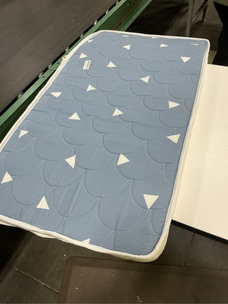 Condition photo showing As Is for mini crib mattress 38" x 24" x 4"- firm support and comfort premium foam,noiseless and odorless,hypoallergenic mini crib mattress,fits mini and portable cribs,dual sided with soft breathable fabric starry sky blue 38x24x4