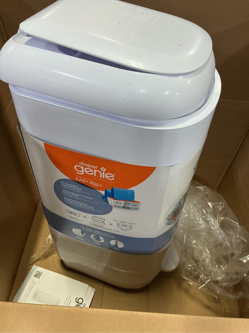 Condition photo showing As Is for Diaper Genie Signature Pail Includes 1 Easy Roll Refill with 18 Bags | Holds Up to 846 Newborn-Sized Diapers Per Refill New Signature Pail (White) + Long-Lasting Refill