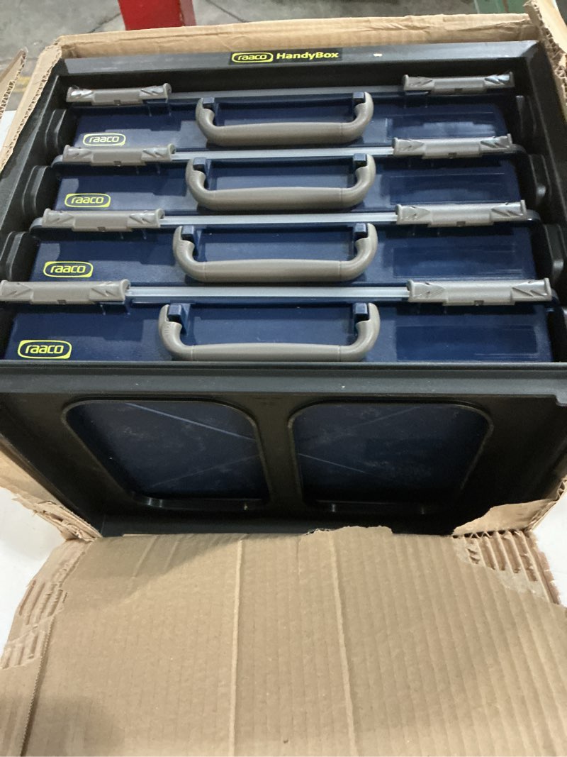 Condition photo showing As Is for raaco handybox toolbox storage & carrying system – 4 adjustable grid assorters, durable polypropylene (pp) plastic organizer for hardware and small parts 4x full-size assorters adjustable grid