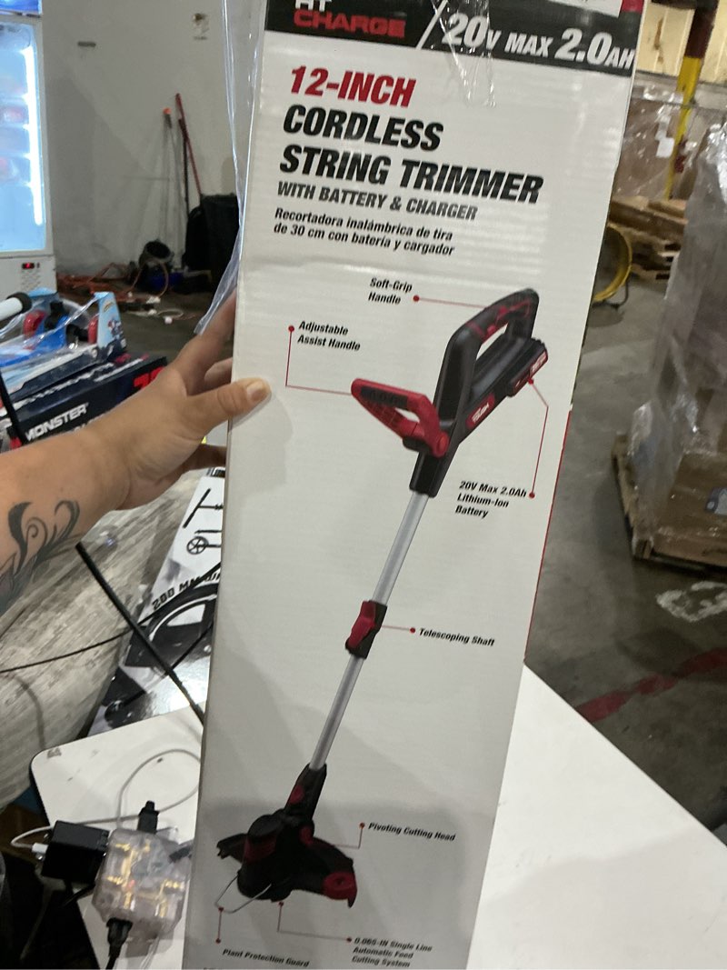 Condition photo showing As Is for hyper tough 20v max cordless 12-inch string trimmer, ht21-401-003-02