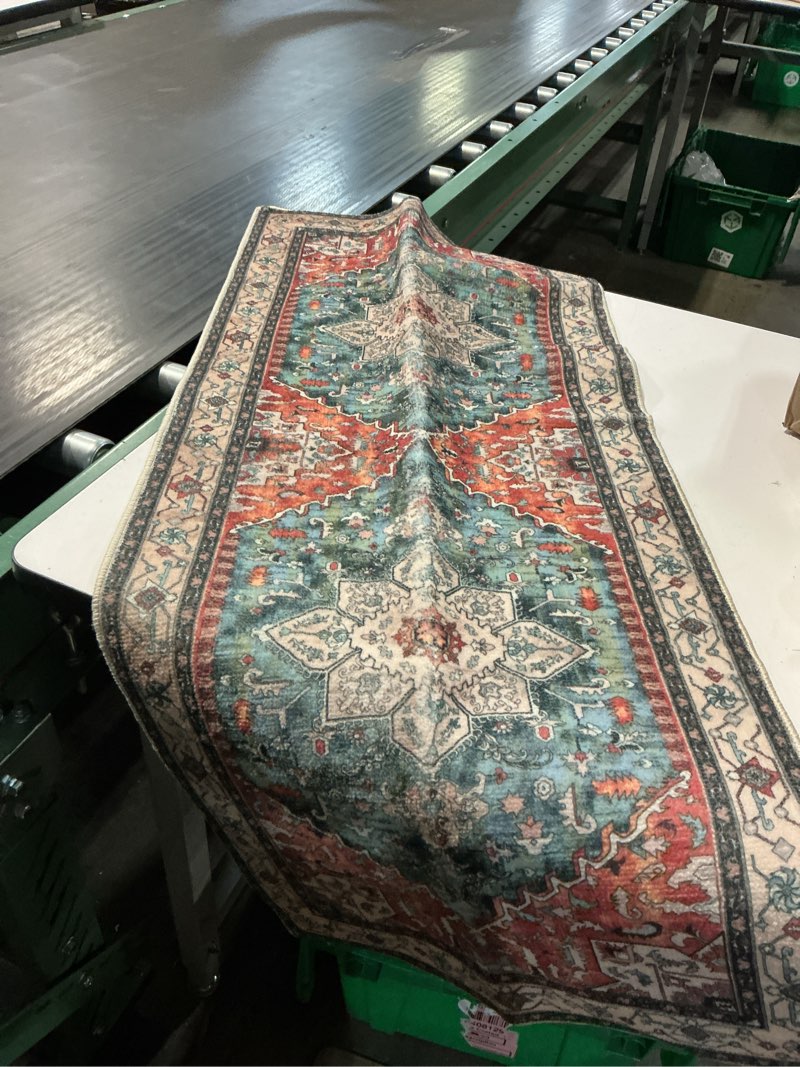 Condition photo showing As Is for transitional medallion washable non slip multi 4ft. x 1.8 ft. runner rug