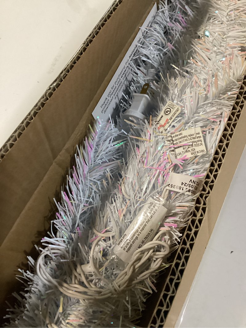 Condition photo showing Good Condition for national tree company 4 ft pre-lit mini artificial christmas tree, white iridescent tinsel, 70 clear lights, 110 tips, includes stand