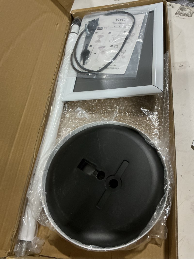 Condition photo showing As Is for yiyo sign stand?floor sign holder poster stand heavy duty pedestal signage stand for display (white, 8.5*11) white 8.5*11