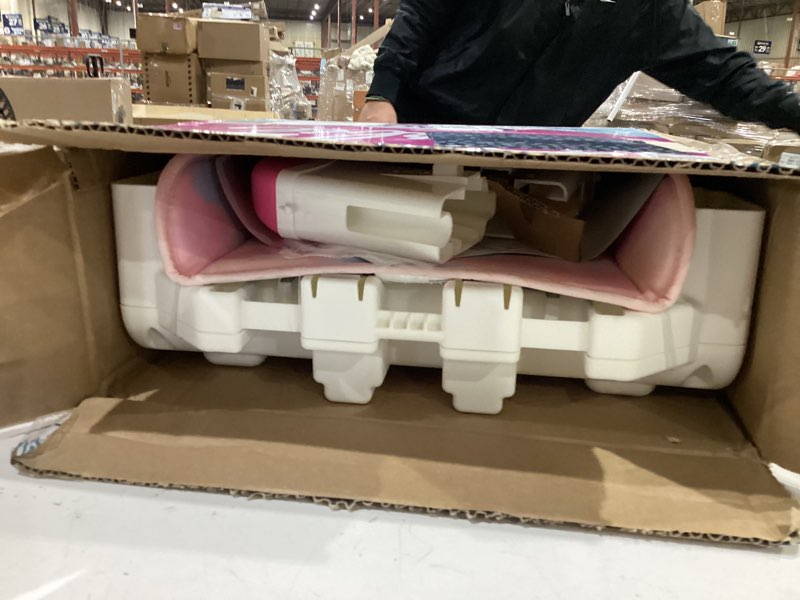 Condition photo showing As Is for graco turbobooster 2.0 backless booster car seat, barbie painterly, travel booster seat for children ages 4-10, weight 40-100 pounds and height up to 57 inches