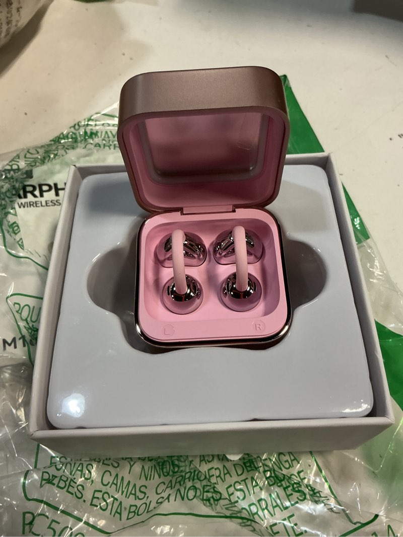 Condition photo showing As Is for wireless earbuds with led makeup mirror case, bluetooth 6.0 open ear clip-on headphones, cute pink air conduction earphones for women, low latency, secure fit for running & travel (earring pink)