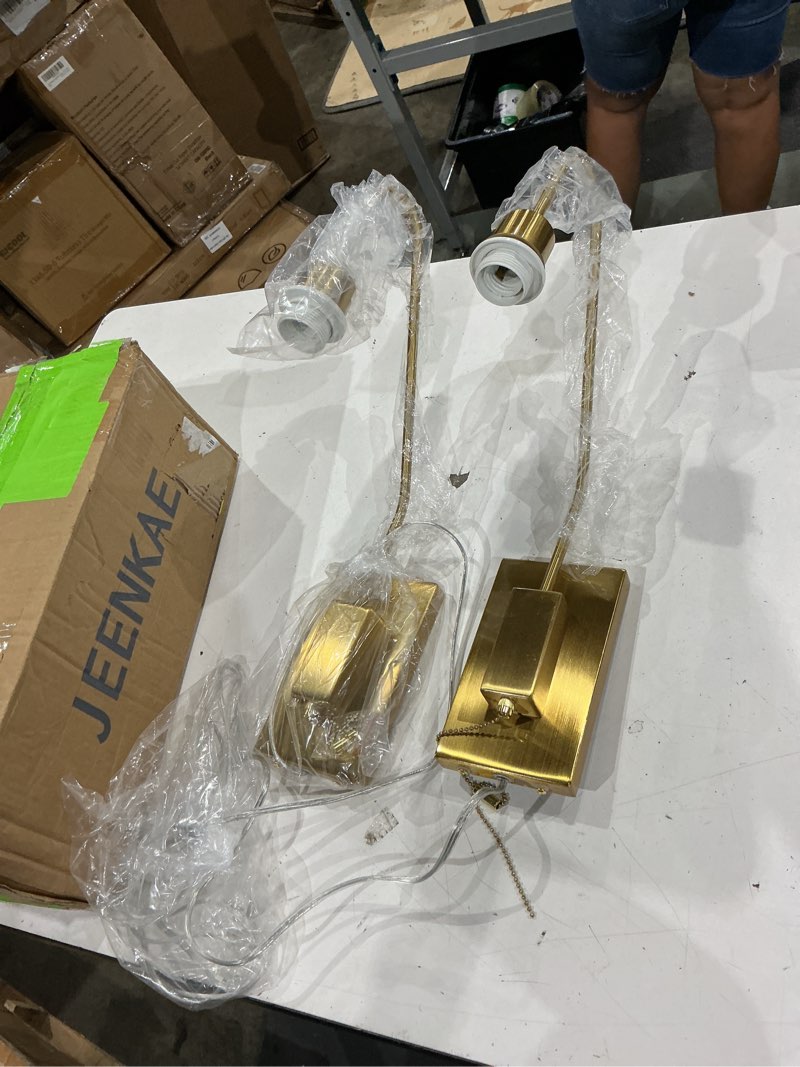 Condition photo showing As Is for jeenkae modern plated brass gold plug-in wall sconces set of two fabric shade bedroom wall lamp with pull chain switch