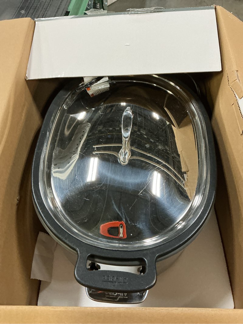 Condition photo showing As Is for All-Clad Stainless Steel Electric Slow Cooker 7-Quart, Programmable LCD Timer, Aluminum Insert, Slow Cookers, Small Kitchen Appliances, Silver