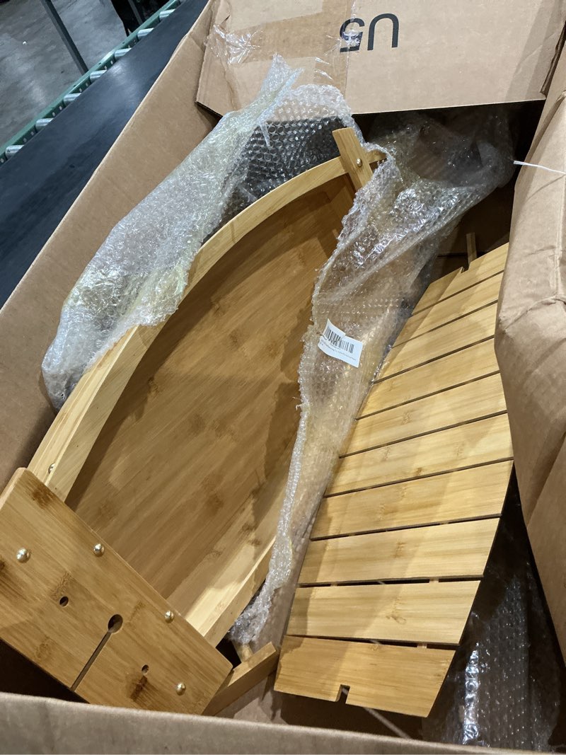 Condition photo showing As Is for sushi boat serving tray, 40 inch extra large sushi plate bamboo boats for restaurant, sushi tray wood serving boat plate for food display
