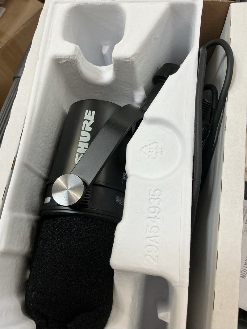 Condition photo showing As Is for shure mv7+ podcast dynamic microphone with stand. obs certified, enhanced audio, led touch panel, usb-c & xlr outputs, auto level mode, digital pop filter, podcasting, streaming, recording - black