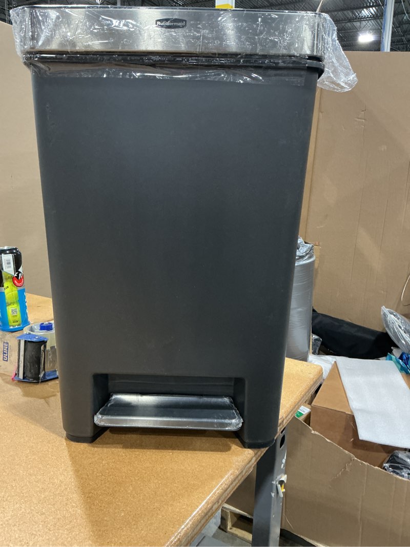Condition photo showing New/Like New for rubbermaid premier series iii step-on trash can for home and kitchen, with stainless steel rim, 12.4 gallon, charcoal, for home/kitchen/garage/apartment/office metal rim, resin lid