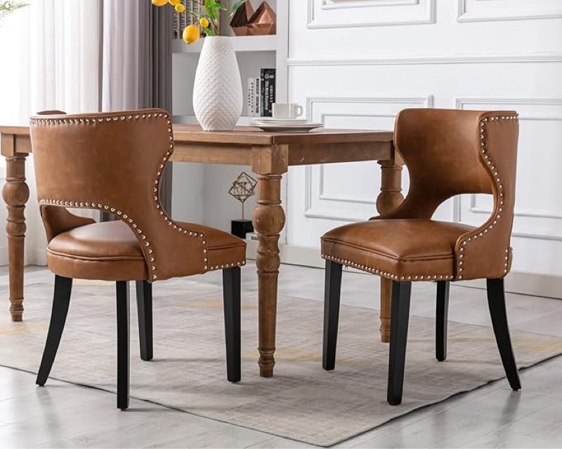  CIMOTA Mid Century Modern Dining Chairs Set of 2, Faux Leather Dining Room Chairs Upholstered Armless Side Chairs with Open Back/Nailhead Trim for Kitchen/Dining Room/Living Room, PU Brown/2PCS
