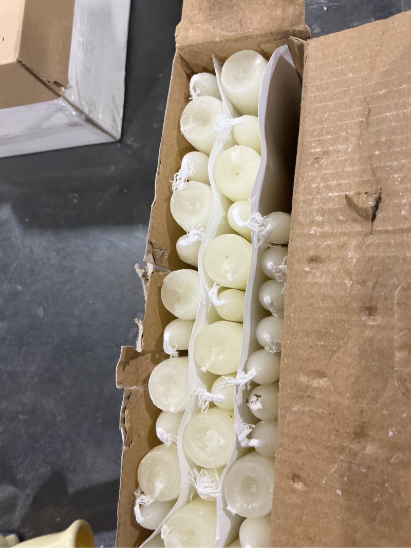 Condition photo showing Good Condition for 36 pack ivory white taper candles, 7-8 hours burn time, unscented, smokeless and dripless, 0.8 x 10 inch dinner candle set for household, wedding, party and home décor candlesticks