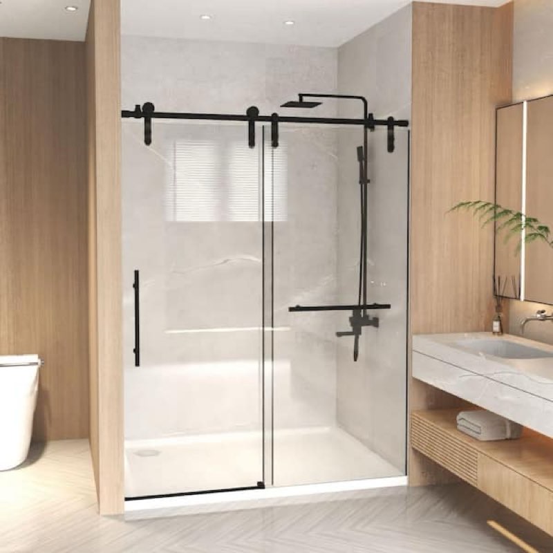 56-60 in. w x 76 in. h frameless single sliding shower door with 5/16 in. clear glass, stainless steel, matte black azd6076cmb1675 