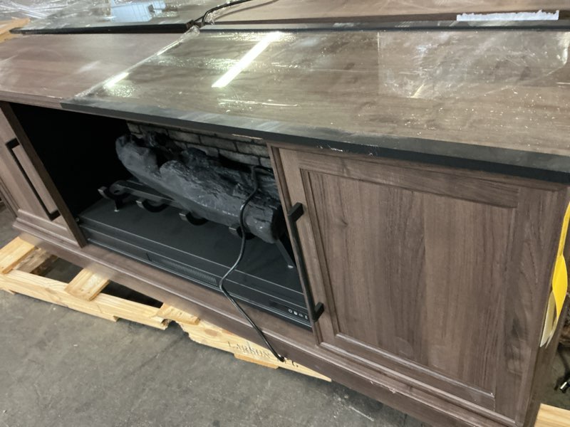 Condition photo showing As Is for allen + roth 72-in W Brown Walnut TV Stand with Infrared quartz Flat Wall Electric Fireplace with
