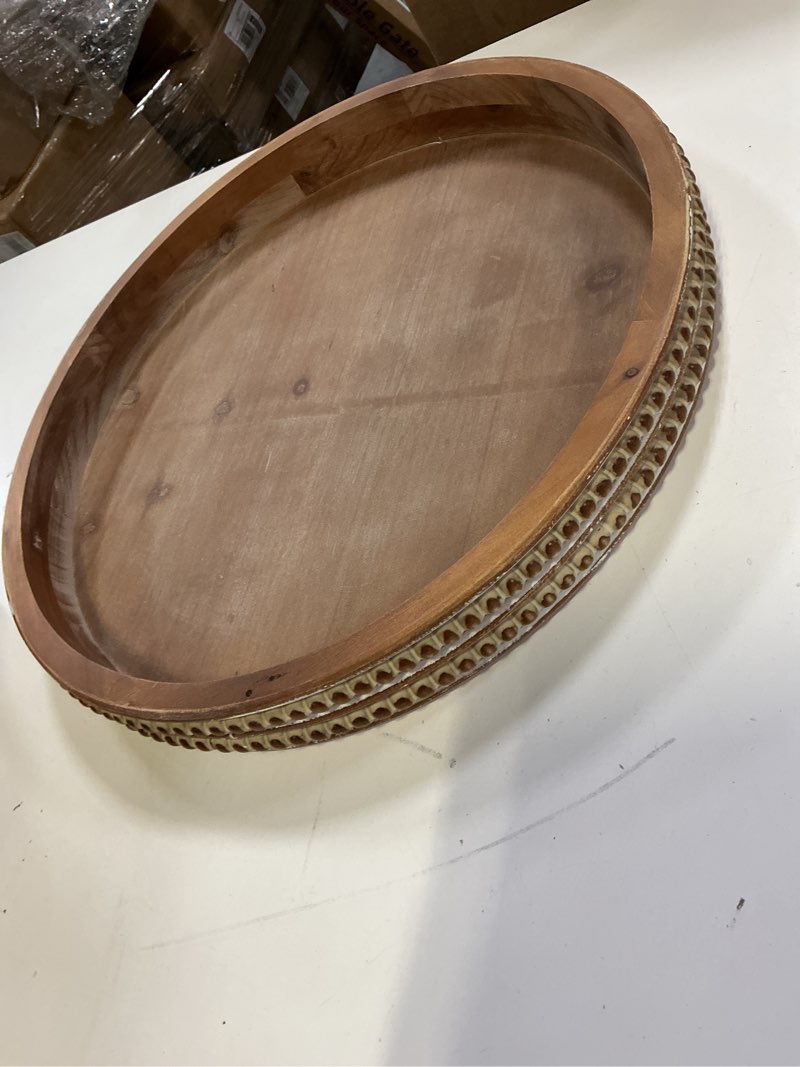 Condition photo showing Good Condition for carah & cossh round wooden serving tray, whitewashed round decorative wood tray, round farmhouse rustic decorative tray, perfect for storage and display (brown)