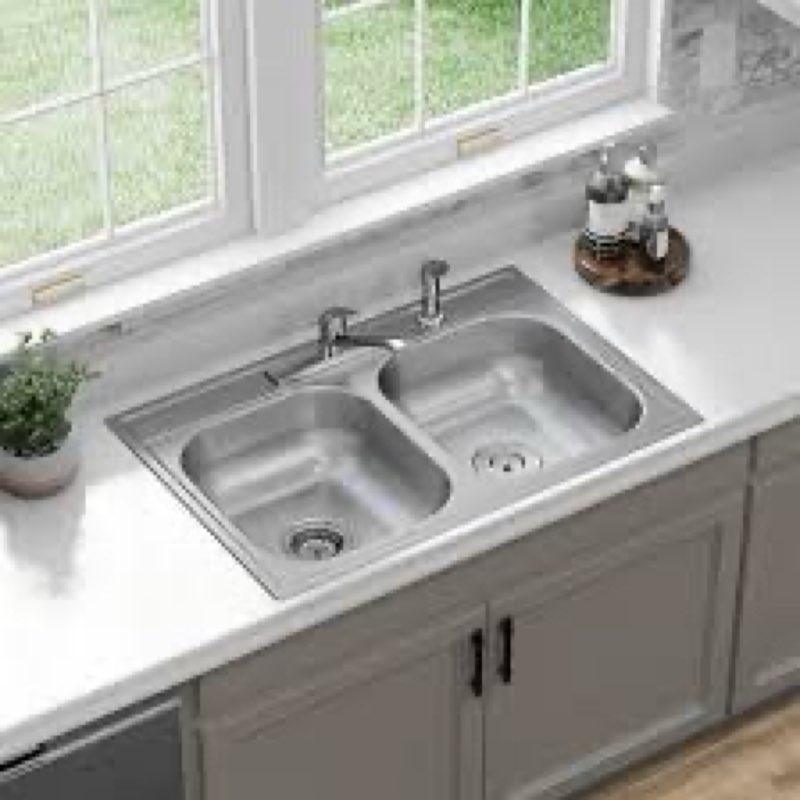 elkay dayton drop-in stainless steel kitchen sink kit features a 4-faucet-hole design and 22-gauge construction.