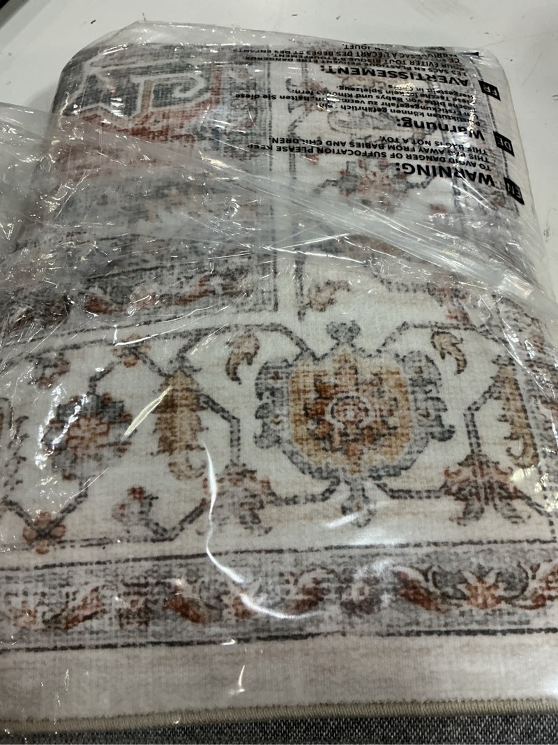 Condition photo showing Good Condition for 4x6 area rug for bedroom machine washable low pile vintage distressed rugs stain resistant faux wool rug ultra soft non-slip area rugs for living room, playroom, kitchen,home office 4' x 6' (rectangular) orange/gray