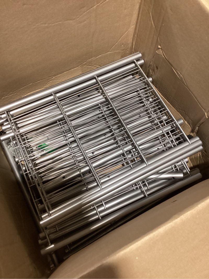 Condition photo showing As Is for sakugi storage shelves - set of 2, 5-tier metal shelf organizer, space-saving garage shelving with leveling feet, standing shelves organizer for kitchen, laundry, pantry (18.4"x12.6"x57.4", silver) silver 18.4w×12.6d×57.4h(5t)
