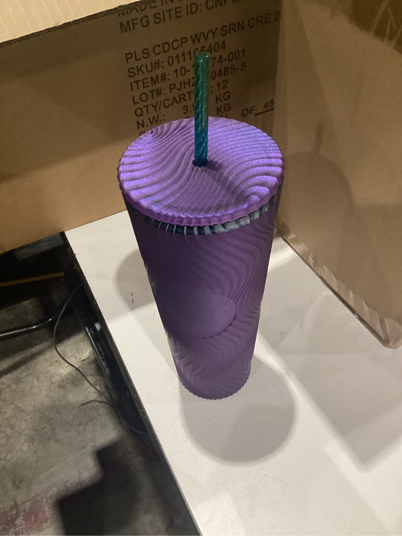 Condition photo showing New/Like New for starbucks wavy plastic cold cup, 24 oz, reusable tumbler with straw and lid, textured wave design, bpa-free, purple with embossed siren logo( 4 pieces)