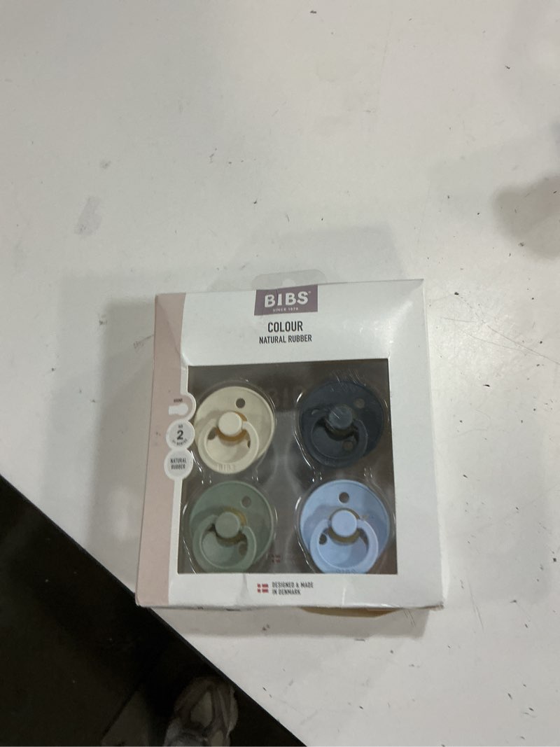 Condition photo showing New/Like New for bibs color pacifier 4-pack, bpa free soother pacifier, round nipple. natural rubber latex, made in europe, size 2 (6-18 months), baby blue size 2 (6-18 month) baby blue