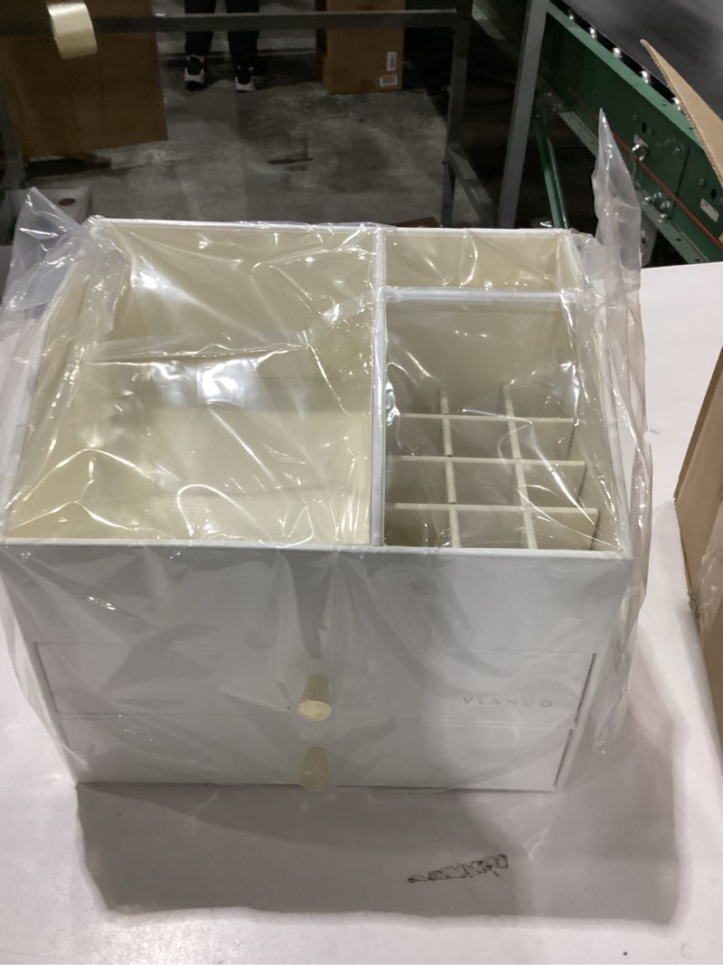 Condition photo showing New/Like New for Vlando Makeup Organizer for Vanity,Large Capacity Countertop Organizer with Drawers, PU Leather Cosmetic Display Case for Lipstick,Brushes,Skincare,Nail polish and Bedroom Storage (White) 3 layers-White