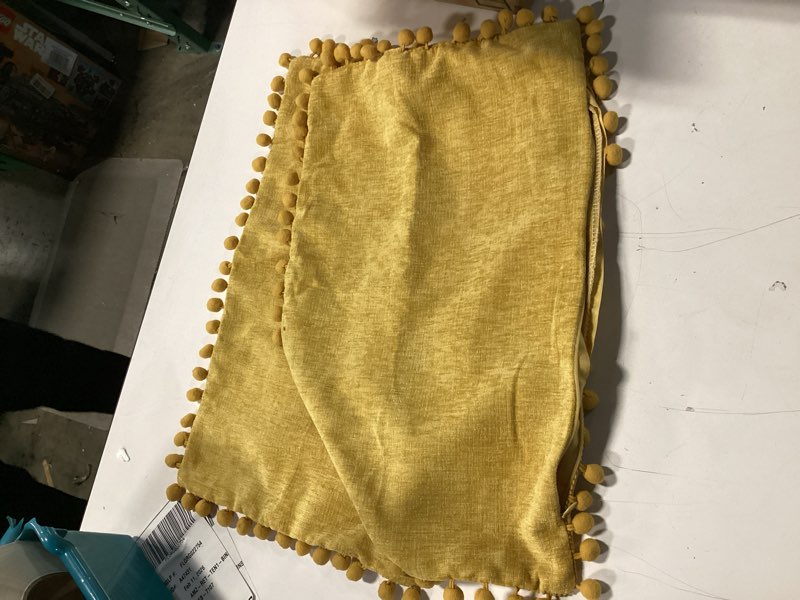 Condition photo showing Good Condition for CaliTime Throw Pillow Covers Decorative 20 X 12 Inches Pack of 2 Cozy Solid Dyed Soft Chenille Cushion Cases with Pom Poms for Couch Sofa Bed Living Room Home Gold 20" x 12" (Pack of 2) Gold
