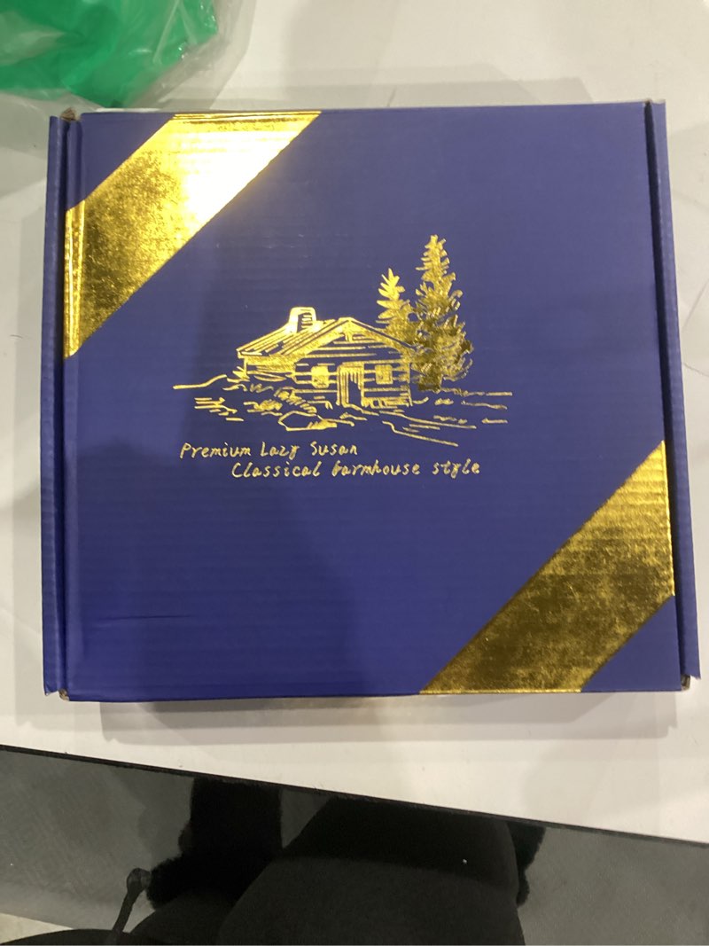 Condition photo showing New/Like New for 9" Oak Wood Lazy Susan Turntable Organizer for Cabinet, Round Wooden Farmhouse Lazy Susan Organization and Storage for Dining Table, Pantry, Kitchen, Countertop, Cupboard,Home Decor Brown & Black 9