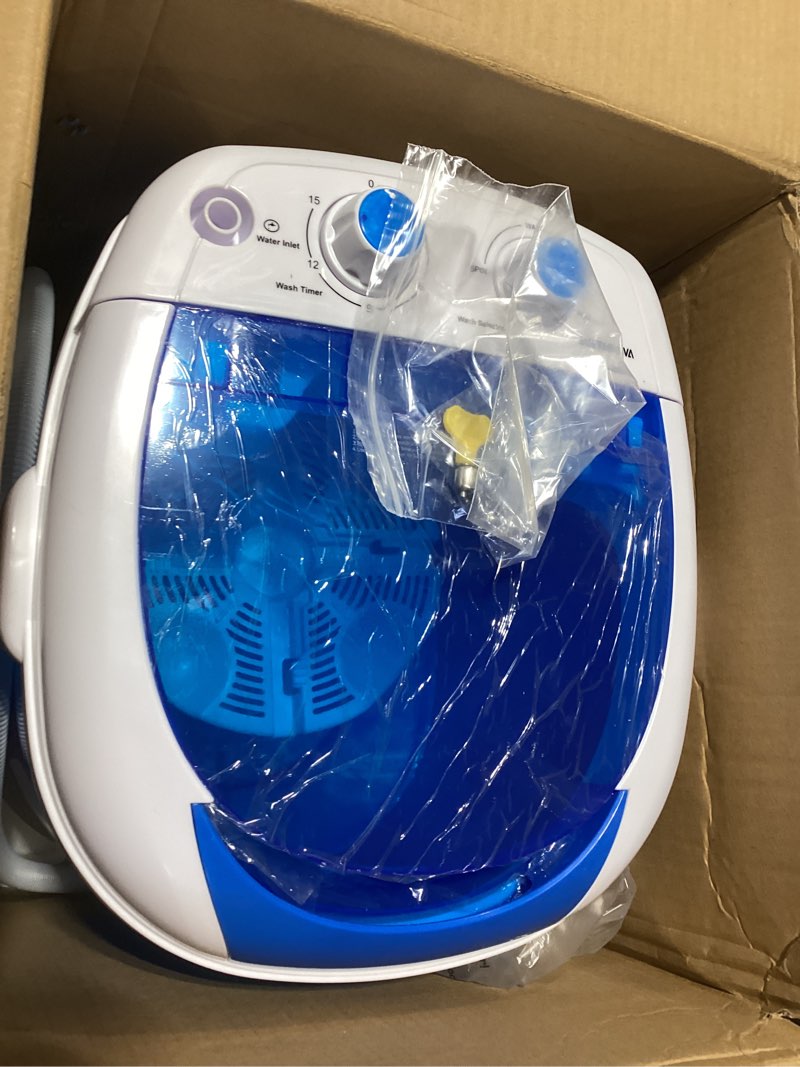 Condition photo showing As Is for Elevon Mini Spin Dryer Portable Washing Machine, Compact Laundry for Home, Apartment, RV, White/Blue