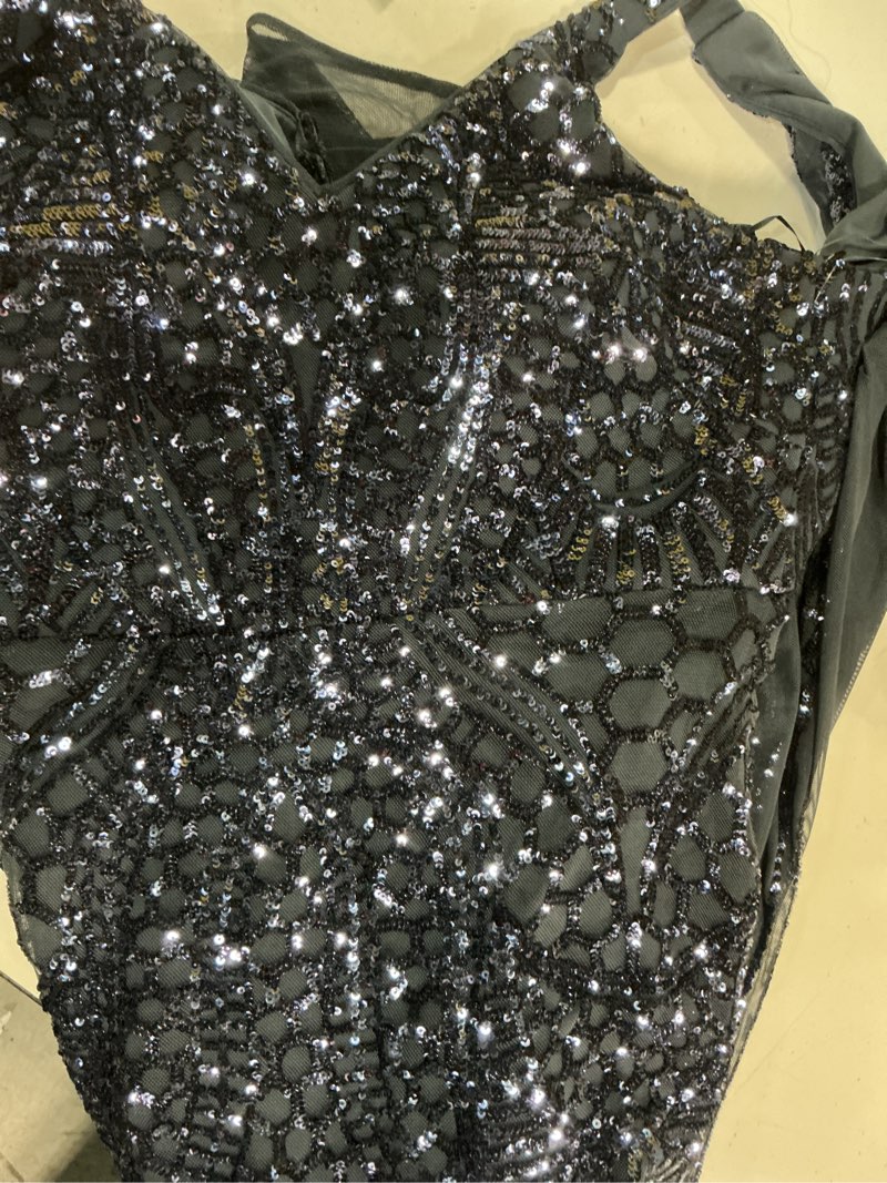 Condition photo showing As Is for nightway women's long sleeveless beaded evening gown - elegant v-neck & v-back formal dress w/mesh godet insets 10 petite gunmetal