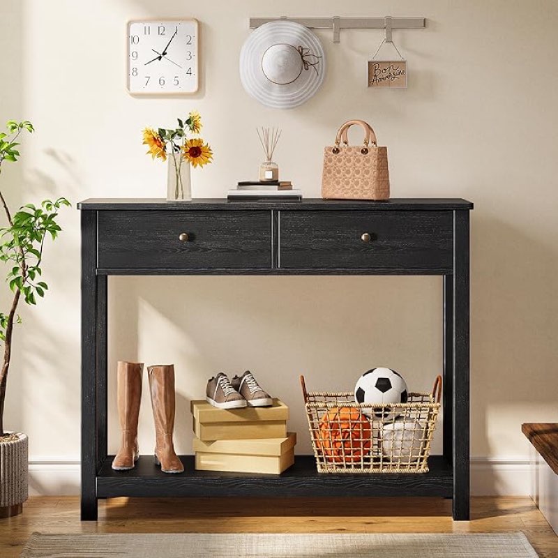 Gizoon Console Table with 2 Drawers, 2-Tier Wood Entryway Table with Storage Shelves, 48W Wood Accent Sofa Table for Front Hall, Hallway, Living Room, Black