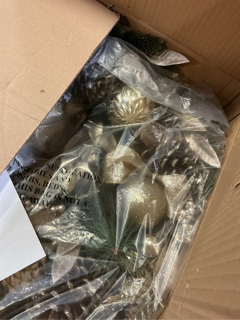 Condition photo showing New/Like New for 24 inch champagne christmas door wreath with bow, pine wreaths for front door with golden ball leaf stems pinecones berries for fireplace xmas decorations, wall window indoor outdoor decor gold-24in #4