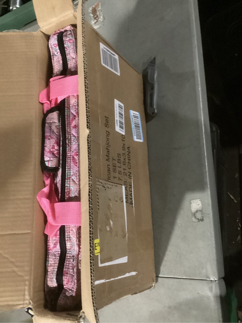 Condition photo showing Good Condition for american mahjong game set, 166 pink tiles (1.2”), 4 all-in-one color rack/pushers & drawstring bag, complete mahjong sets with pink printed carrying bag and mahjong tile set accessories