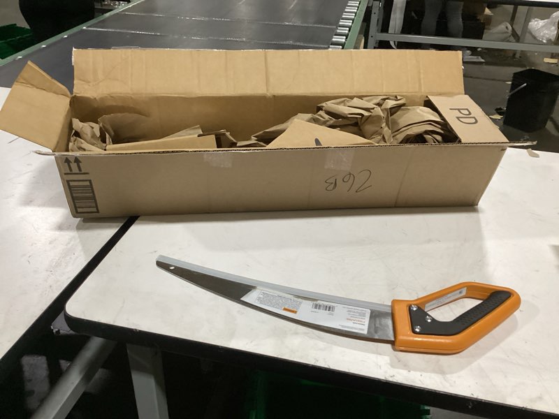 Condition photo showing New/Like New for fiskars 15” powertooth d-handle saw with razor-sharp stainless steel blade, ergonomic softgrip handle for comfort and control, heavy-duty hand saw