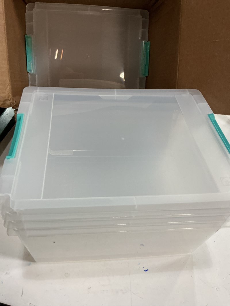 Condition photo showing As Is for iris usa 12 qt. plastic storage bins containers with lids, 4 pack, small sensory bin, craft storage, craft organizers & storage, organizing container for home, office & art supplies, stackable, clear 12 qt. - 4 pack