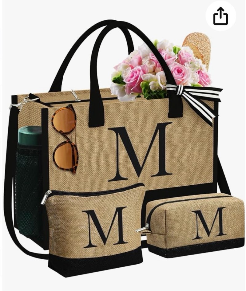 yoolife gifts for women - initial jute tote bag & 2 makeup bags personalized gifts for women teacher mom friend birthday letter m