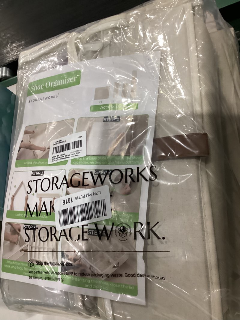 Condition photo showing As Is for StorageWorks Shoe Organizer for Closet, Fits up to 24 Pairs, 2-Pack Ultra-thick Fabric Under Bed Shoe Storage Containers with Bottom Support and Adjustable Dividers, Beige Beige 30" L x 24 ½" W x 5 ¼" H