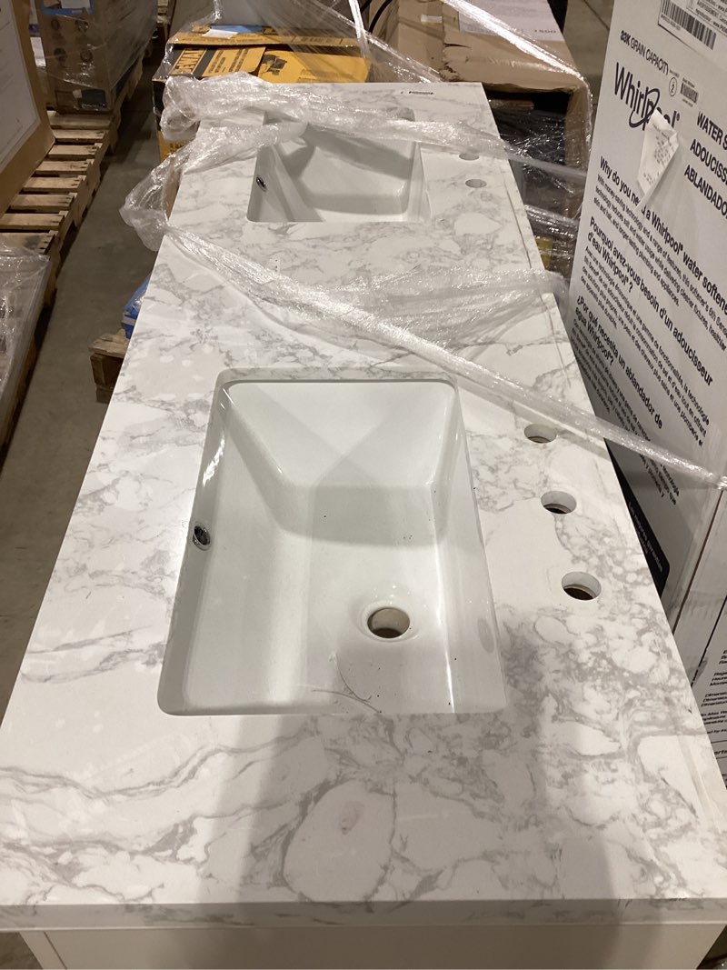 Condition photo showing As Is for allen + roth lambert 60-in linen white undermount double sink bathroom vanity