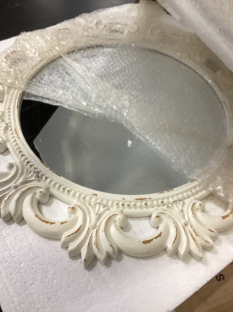 Condition photo showing New/Like New for ((Similar))Sintosin Vintage Circle Mirror for Wall 24 Inch, Hanging Distressed White Fleur De Lis Carved Wood F