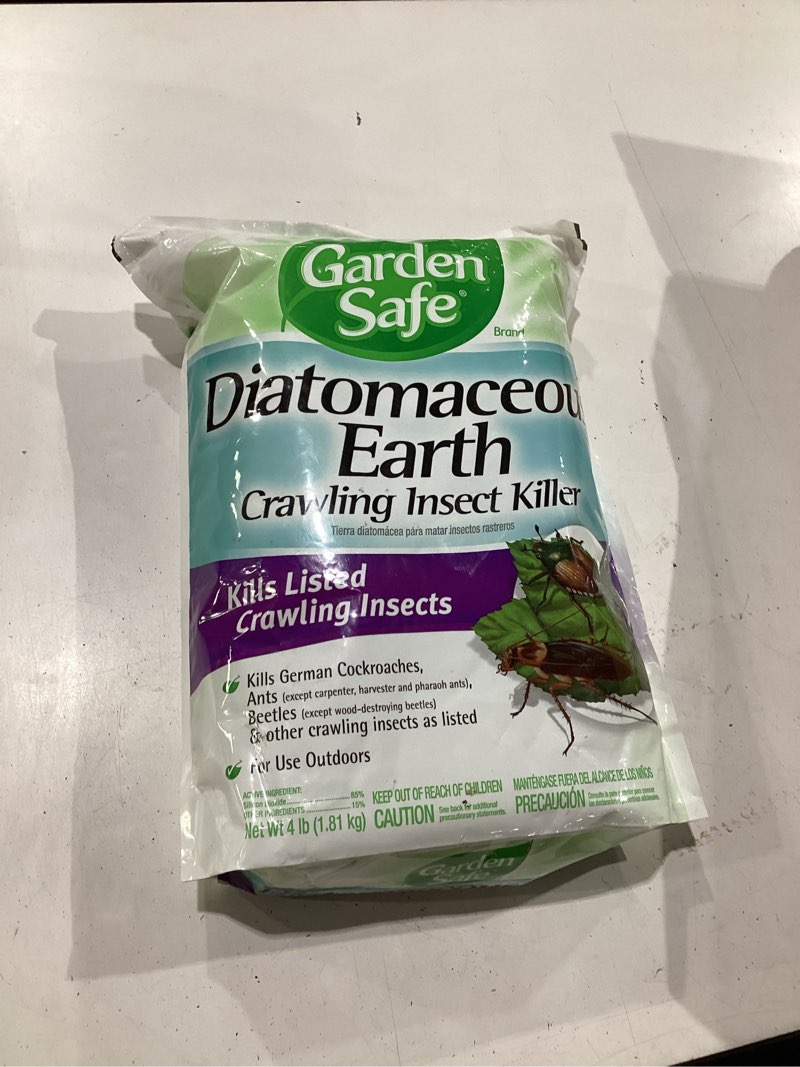 Condition photo showing New/Like New for garden safe brand crawling insect killer containing diatomaceous earth, 4 pounds, kills cockroaches, ants and other listed crawling insects by contact, for use indoors & outdoors 1 pack
