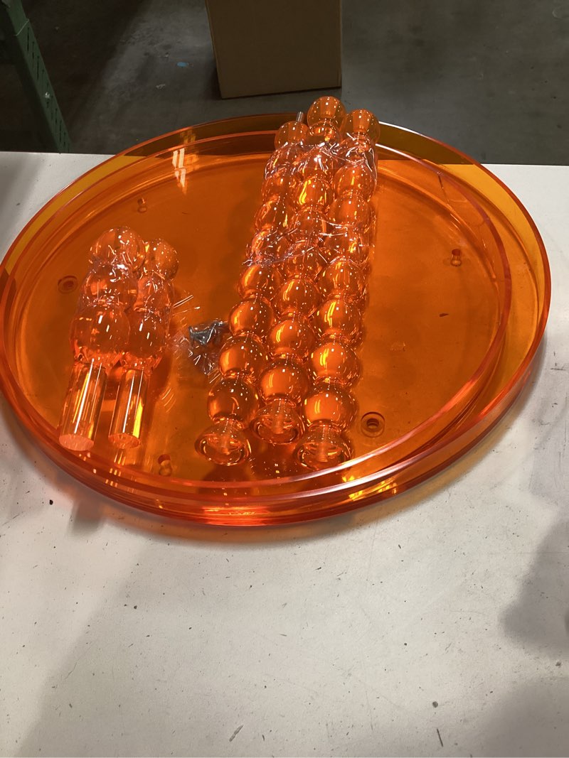 Condition photo showing As Is for acrylic side table, round end table, clear bedside table nighstand for living room bedroom (orange, small, acrylic) orange small acrylic