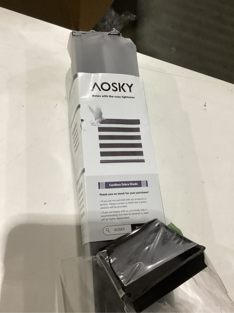 Condition photo showing New/Like New for AOSKY Cordless Zebra Blinds for Windows Pull Down Roller Window Shades Dual Layer Light Filtering Privacy for Day and Night, Free-Stop Door Shades for Home Easy to Install (44" W X 72" H, Black) 44"W x 72"H Black