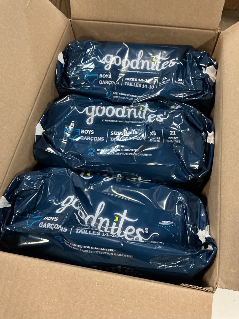 Condition photo showing New/Like New for Goodnites Boys' Nighttime Bedwetting Underwear, Size Extra Large (95-120 lbs), 63 Ct (3 Packs of 21), Packaging May Vary X-Large 63