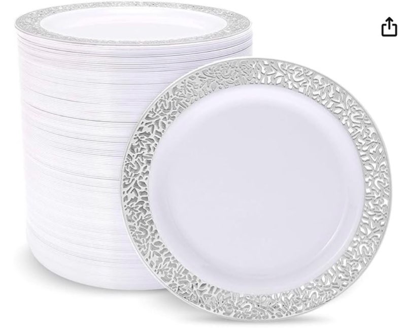 supernal 100pcs Silver Plastic Plates10.25 For Big Party Lace White Plastic Plates with Silver Rim D