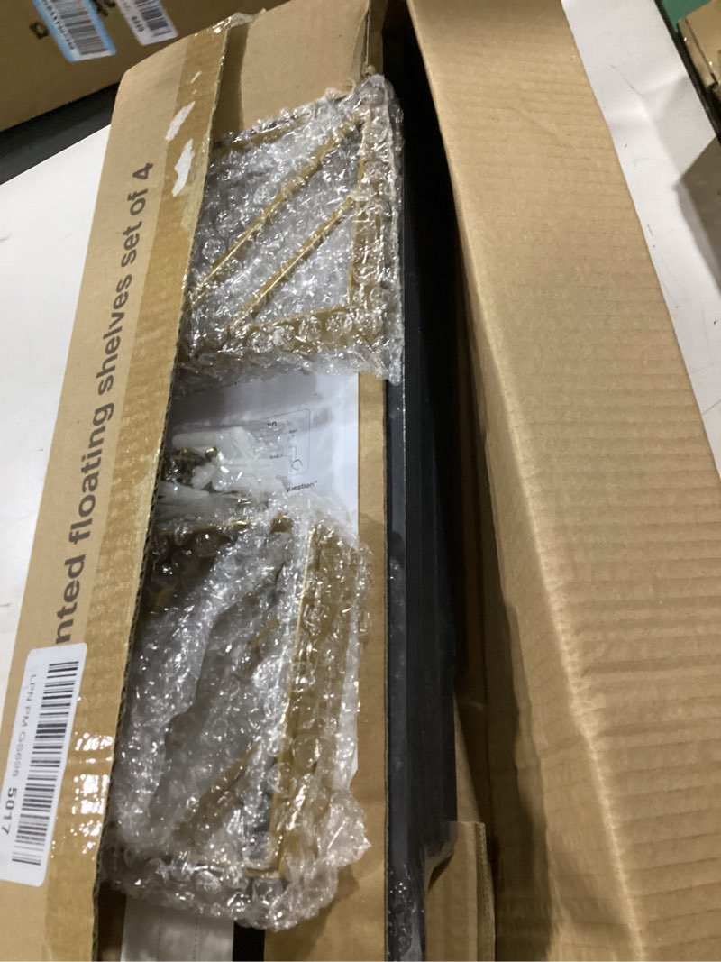 Condition photo showing New/Like New for bayka floating shelves for bedroom decor, wall shelves for storage, wall mounted rustic wood floating shelf for books,corner shelf for bathroom,kitchen,living room(black and gold?set of 4) g. black board & gold brackets 4 16-inch