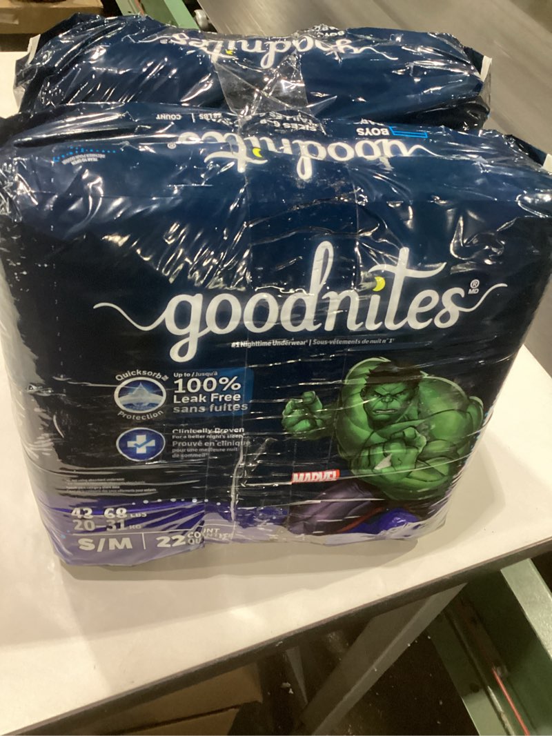 Condition photo showing Good Condition for goodnites boys' nighttime bedwetting underwear, size s/m (43-68 lbs), 44 ct (2 packs of 22), packaging may vary small/medium 44