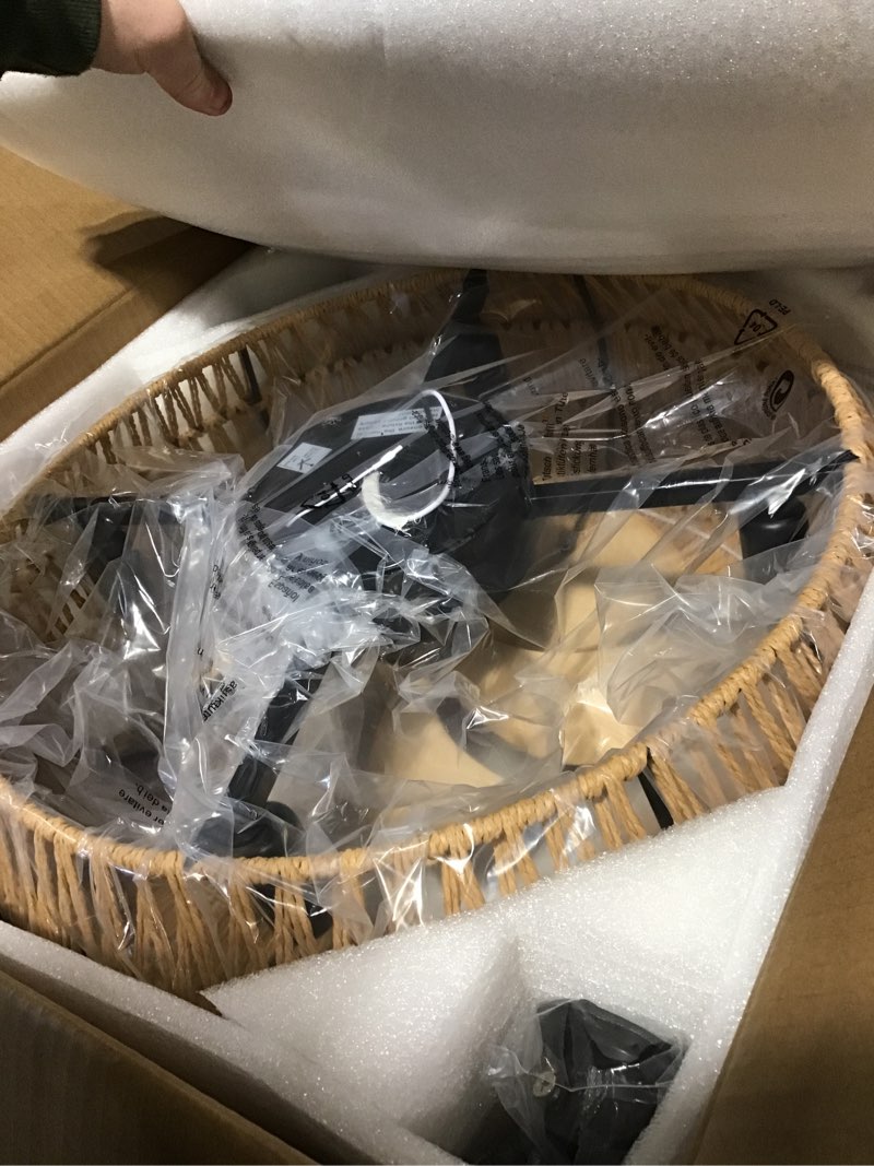 Condition photo showing As Is for 20" Boho Caged Ceiling Fan with Lights Remote Control, Rattan Cage Low Profile Bladeless Ceiling Fan, Farmhouse Ceiling Fans with Light for Kitchen, Bedroom, Dining Room Yellow-Brown