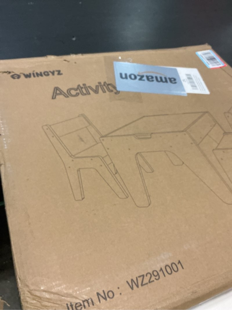 Condition photo showing Good Condition for WINGYZ Kids Table and Chair Set for Study, Building, Art, Dining 4 in 1, Toddler Activity Table with Storage for Big/Small Blocks Construction, Wooden Sensory Play Desk with Chalkboard, Boy Girls Gift