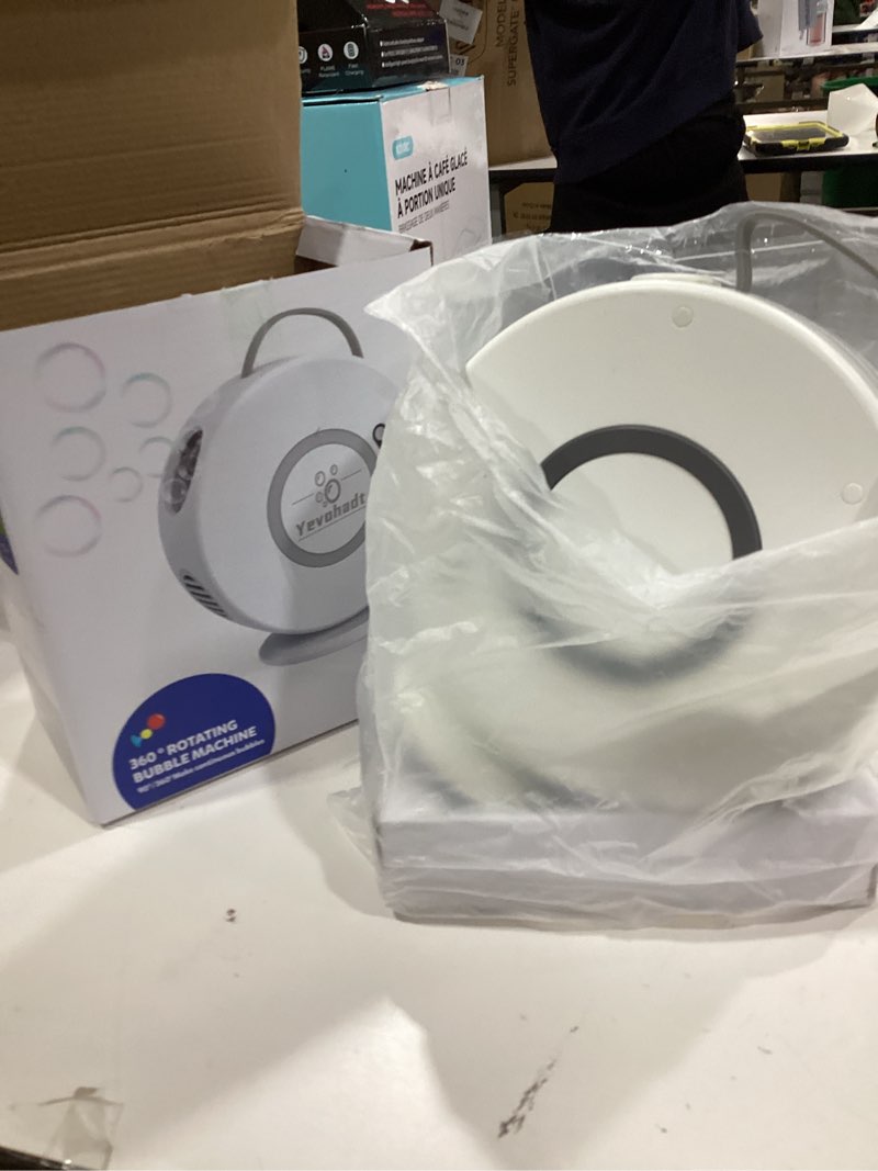 Condition photo showing New/Like New for Bubble Machine for Kids Toddlers,Automatic Bubble Blower Rechargeable, 90° 360° Auto Rotatable Portable Bubble Maker Electric Bubbles Toy for 3 4 5 6 7 8 Year Old, Outdoor Wedding Party Gifts White