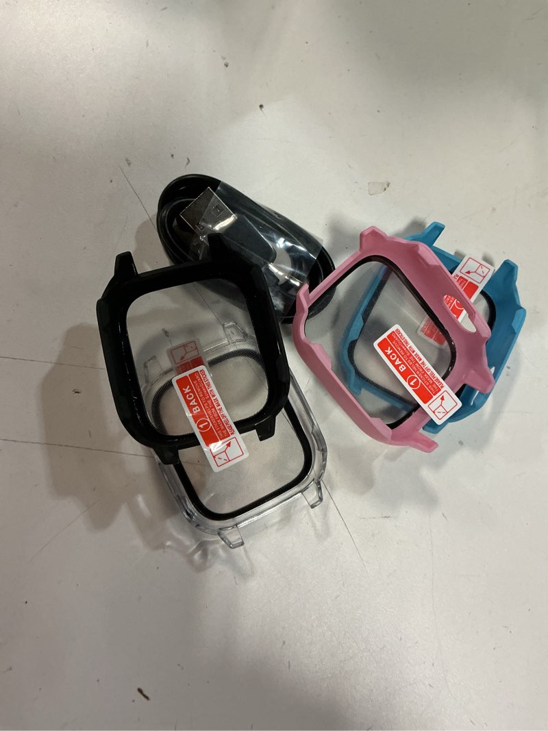 Condition photo showing Good Condition for 4 Pack Case for Cosmo JrTrack 5 Kids Smart Watch with Tempered Glass Screen Protector, Shockproof Hard PC Bumper, Magnetic USB Charging Cable, Scratch Resistant Protective Cover Sky Blue/Black/Pink/Clear For JrTrack 5